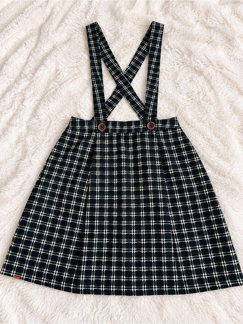 Anthropologie Green, Navy and White Plaid Suspender Skirt